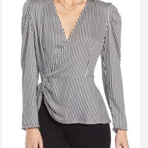 Women Something Navy Gathered Peplum V Neck Stripe Top Black White Size Small